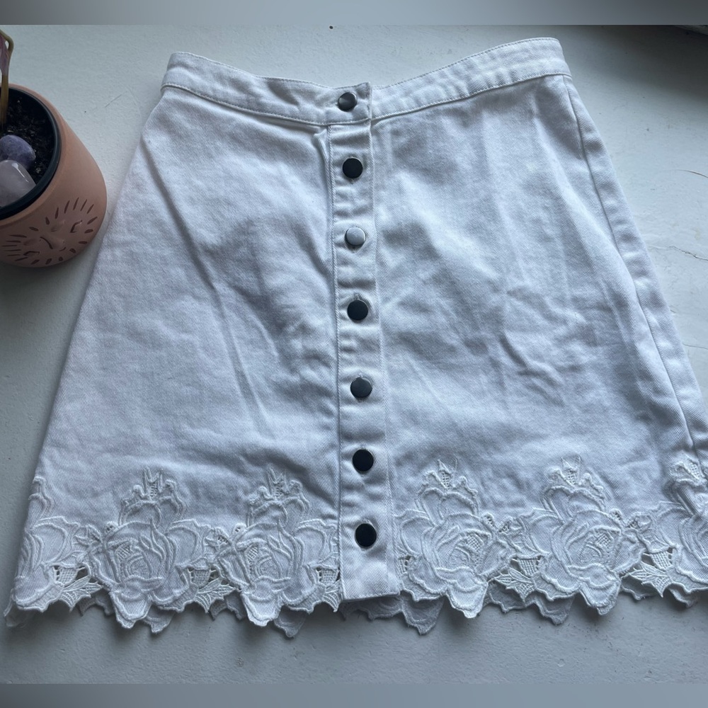High waisted white denim lace skirt